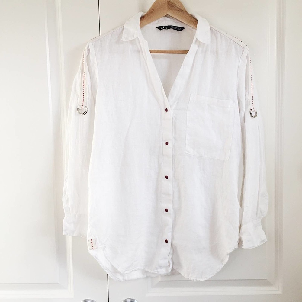 ZARA White Linen Button Shirt Roll-up Sleeves XS